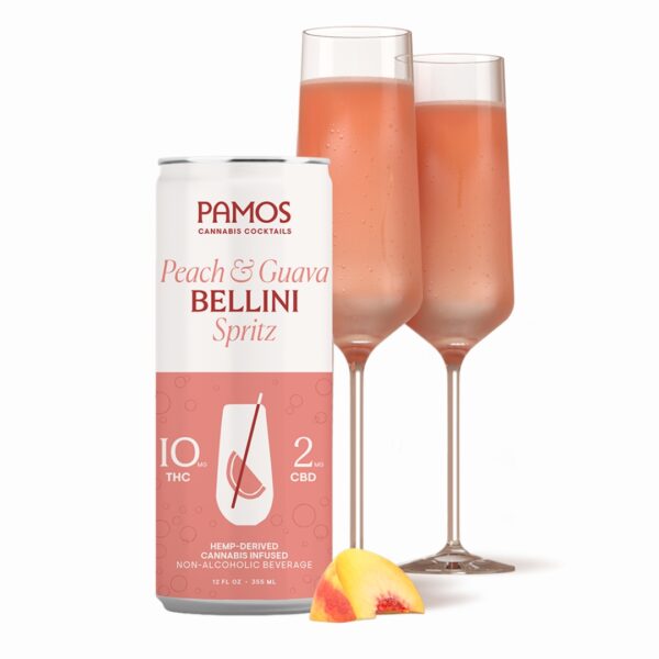 A can of the Bellini flavor of Pamos Infused Cocktails, next to a glass of the drink, on a white background