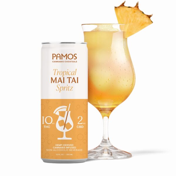 A can of the Mai Tai flavor of Pamos Infused Cocktails, next to a glass of the drink, on a white background