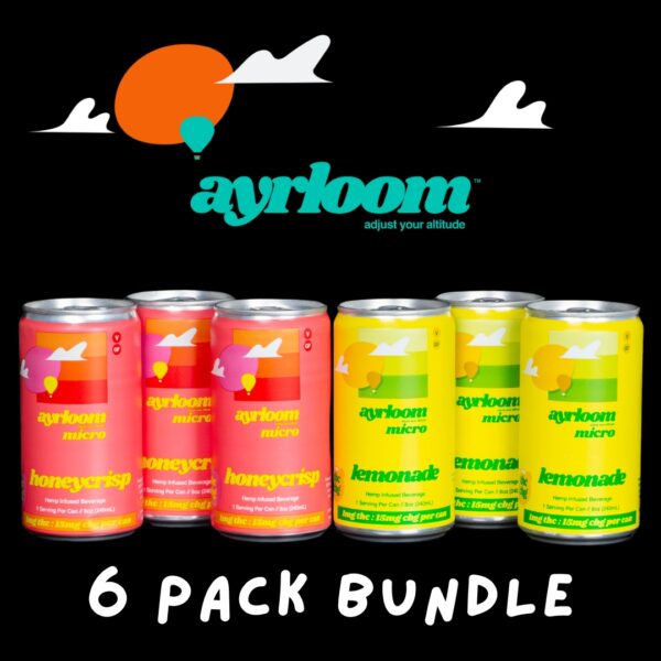 A variety pack of Ayrloom Micro Infused Beverage, with 3 cans of both the Honeycrisp and Lemonade flavors, on a black background