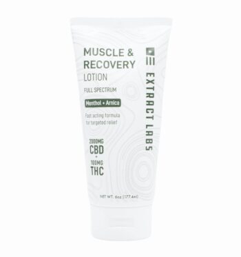 A tube of Extract Labs Muscle & Recovery Lotion, on a clear background