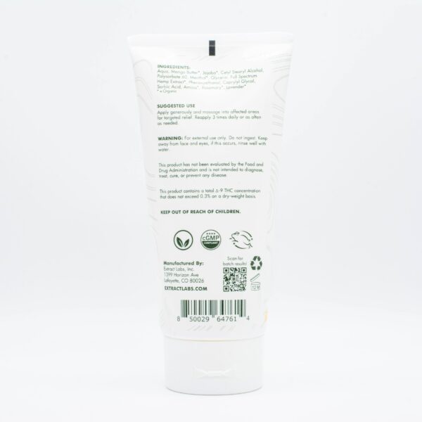 The backside of a tube of Extract Labs Muscle & Recovery Lotion, on a white background