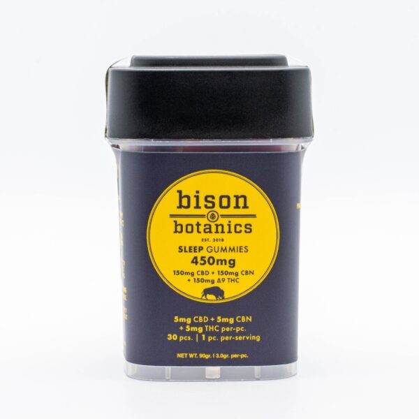 A container of Bison Botanics 1:1 Sleep Gummies, on a white background