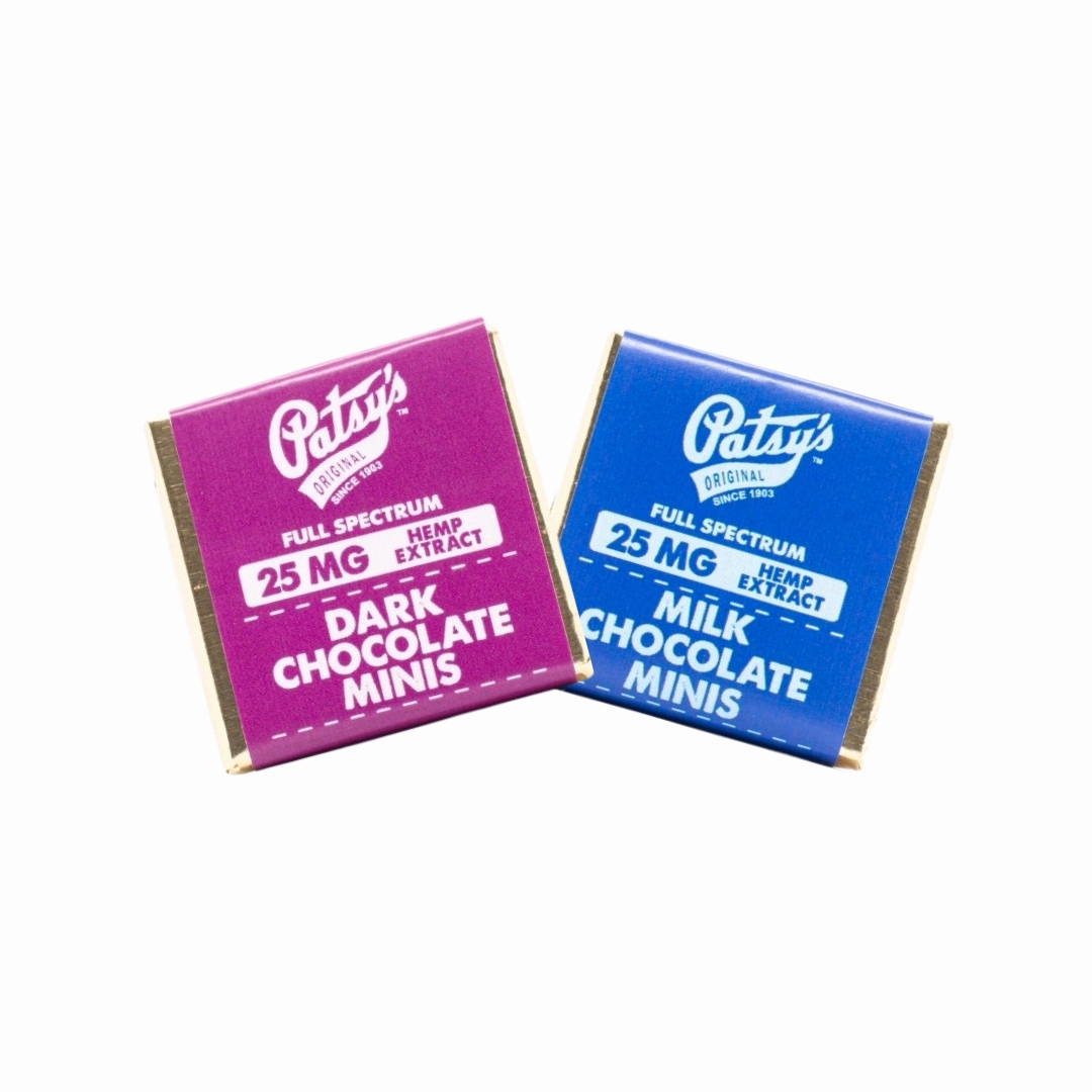 Two Patsy's CBD Chocolate Minis, one being dark chocolate and the other being milk chocolate, on a clear background.