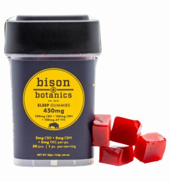 A container of Bison Botanics 1:1 Sleep Gummies, next to a small pile of the gummies, on a clear background
