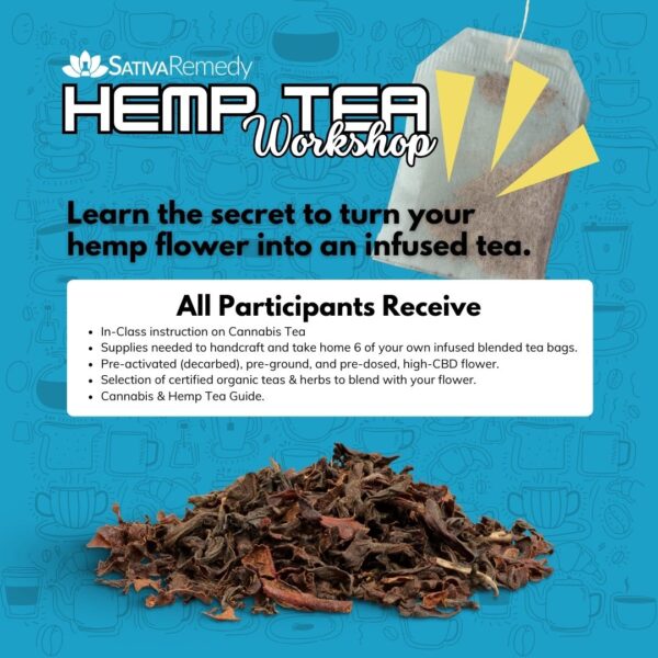 A picture of a tea bag on a blue background with the title, "Learn the secret to turn your hemp flower into an infused tea."