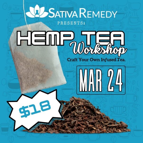 A picture of a tea bag on a blue background with the title, "Hemp Tea Workshop"