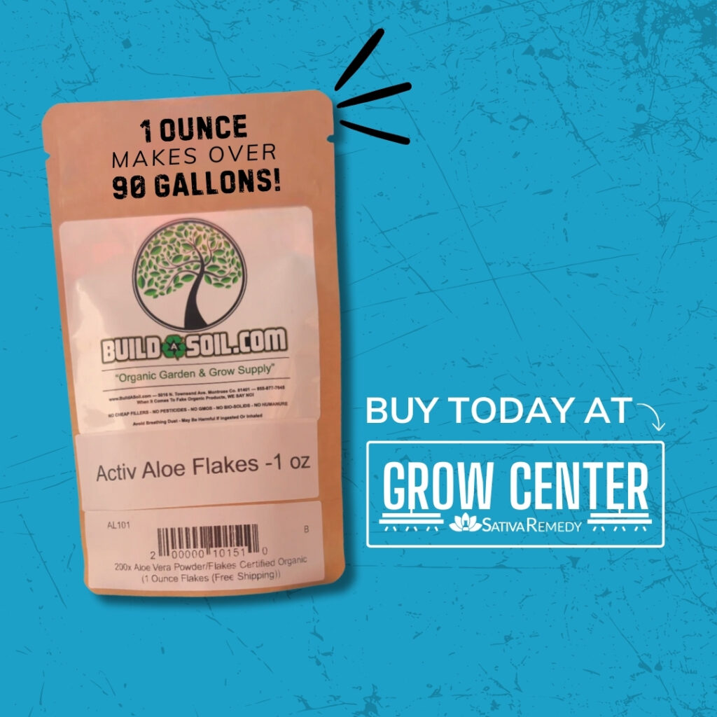 A bag of Build-A-Soil's Activ Aloe Flakes on a blue background. Contains the words, "1 ounce makes 112 gallons"