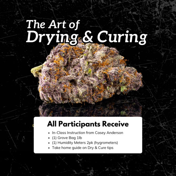 A photo of a cannabis flower on a black background. Contains the Title, "The Art of Drying & Curing". Also contains a sentence, "All participants will receive: 1) In-class Instruction on Drying & Curing, 2) 1 Grove Bag, 3) 1 pack of Hygrometers.