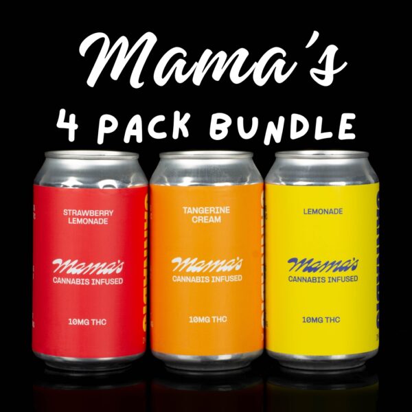 3 cans of of Mama's Infused Beverages in 3 different flavors, with one lemonade, one strawberry lemonade, and one tangerine cream, on a black background