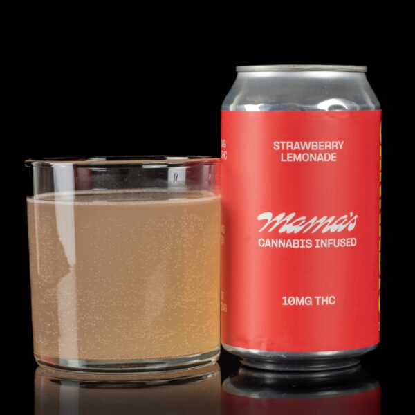 A single can of strawberry lemonade flavored Mama's Infused Beverages, next to a clear glass container containing the drink, on a black background