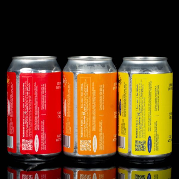 The backside of 3 cans of of Mama's Infused Beverages in 3 different flavors, with one lemonade, one strawberry lemonade, and one tangerine cream, on a black background