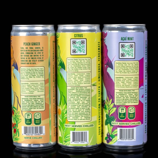 The backside of 3 cans of of Milonga Infused Yerba Mate in 3 different flavors, with one sparkling peach gigner, one sparkling citrus, and one sparkling Açaí mint, on a black background