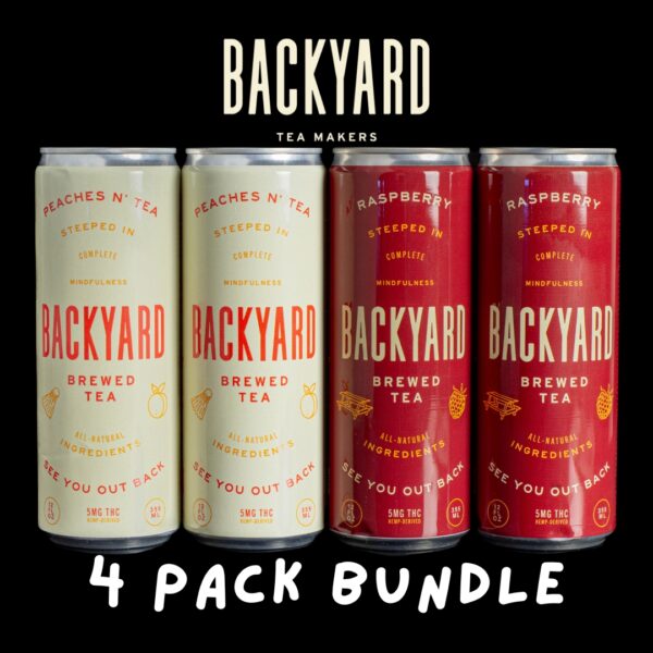 4 cans of of Backyard Infused Tea, with 2 cans of the Peaches n' Tea flavor and 2 cans of the Raspberry flavor, on a black background