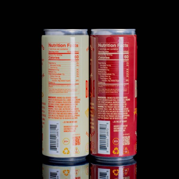 The backside of 2 cans of Backyard Infused Tea, one Peaches n' Tea flavor and one Raspberry flavor, on a black background.