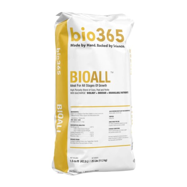 A bag of BIOALL potting soil, on a white background