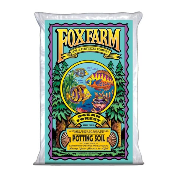 A bag of FoxFarm Ocean Forest potting soil, on a white background