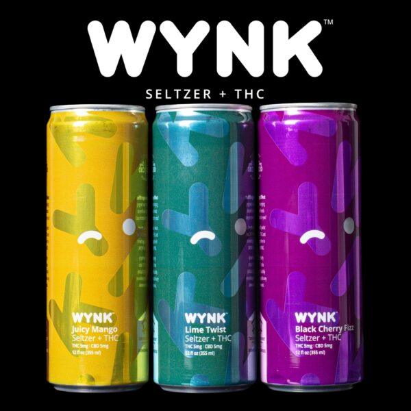 Three cans of WYNK Infused Seltzers, with one Juicy Mango, one Lime Twist, and one Black Cherry Fizz, on a black background