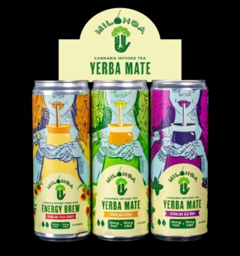 3 cans of of Milonga Infused Yerba Mate in 3 different flavors, with one sparkling peach gigner, one sparkling citrus, and one sparkling Açaí mint, on a black background