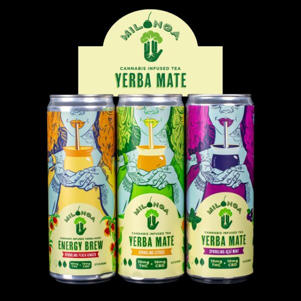 3 cans of of Milonga Infused Yerba Mate in 3 different flavors, with one sparkling peach gigner, one sparkling citrus, and one sparkling Açaí mint, on a black background