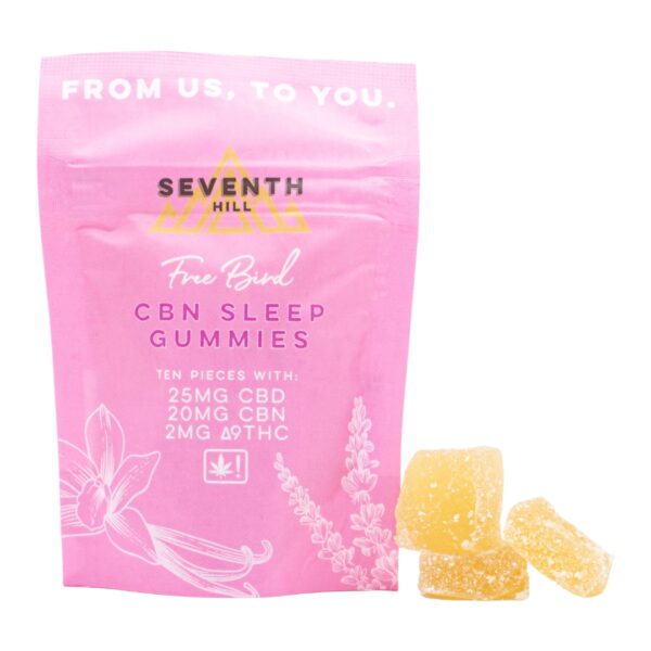 A package of Seventh Hill CBN Sleep Gummies, next to a pile of the gummies, on a clear background