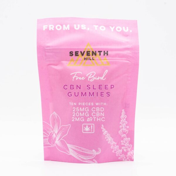 A package of Seventh Hill CBN Sleep Gummies, on a clear background