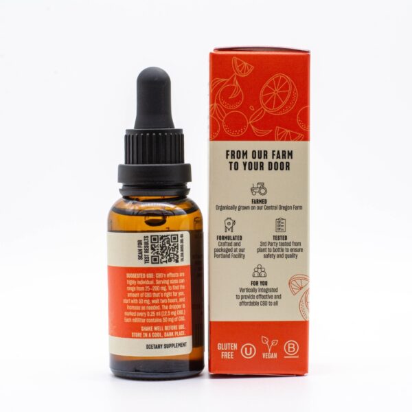 The backside of a tincture of Lazarus Naturals Blood Orange CBD Oil and its box, on a white background