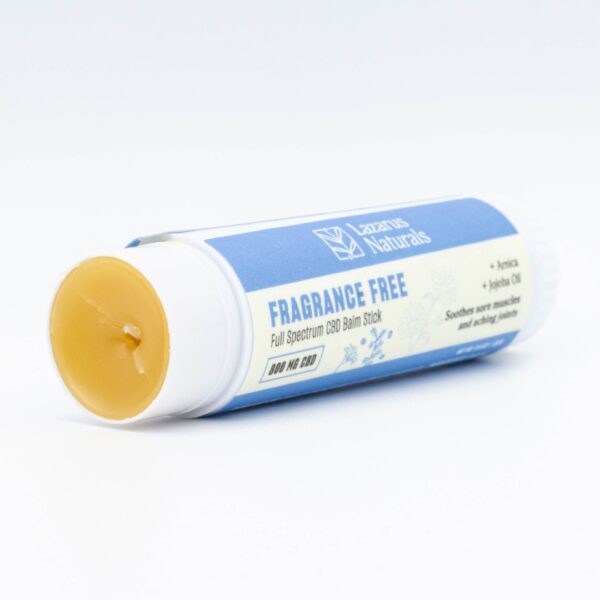 One Lazarus Naturals CBD Balm Stick, with its cap removed to show the balm, on a white background.