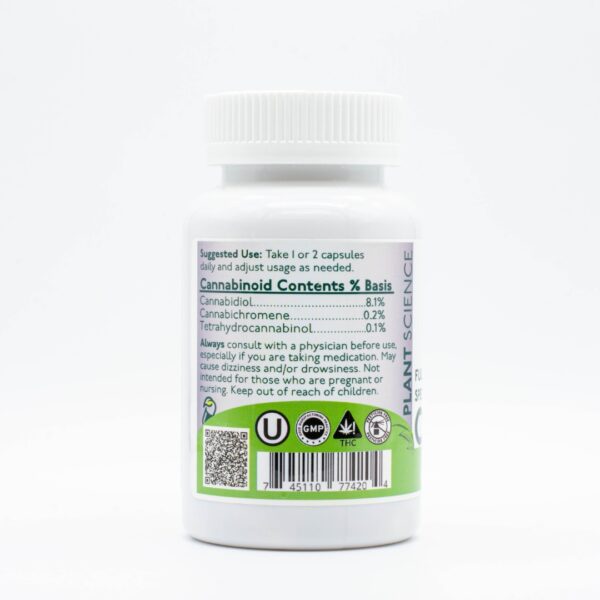 The backside of one container of Plant Science Laboratories Capsules- CBD, on a white background