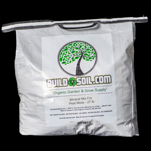 A bag of BuildASoil Mineral Mix for Peat Moss, from the BuildASoil Complete Soil Building Kit, on a black background