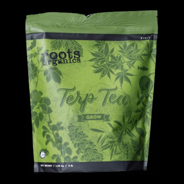One bag of Roots Organics Grow Terp Tea on a black background