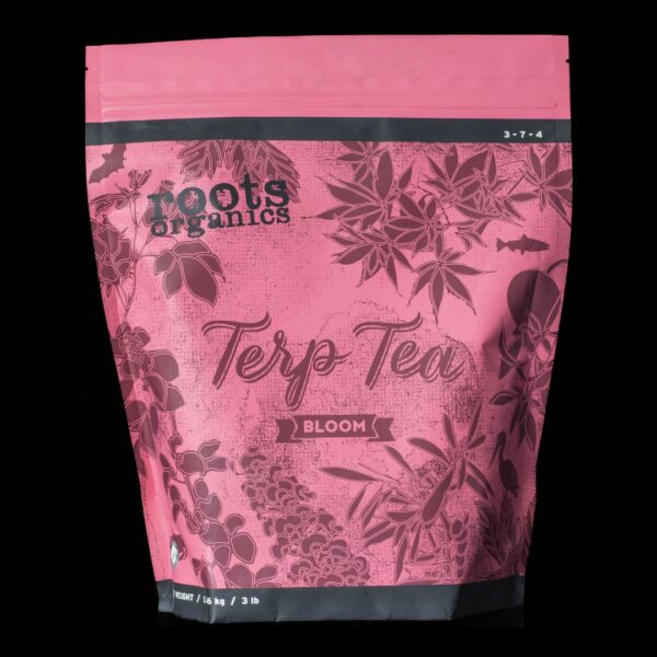 One bag of Roots Organics Bloom Terp Tea on a black background