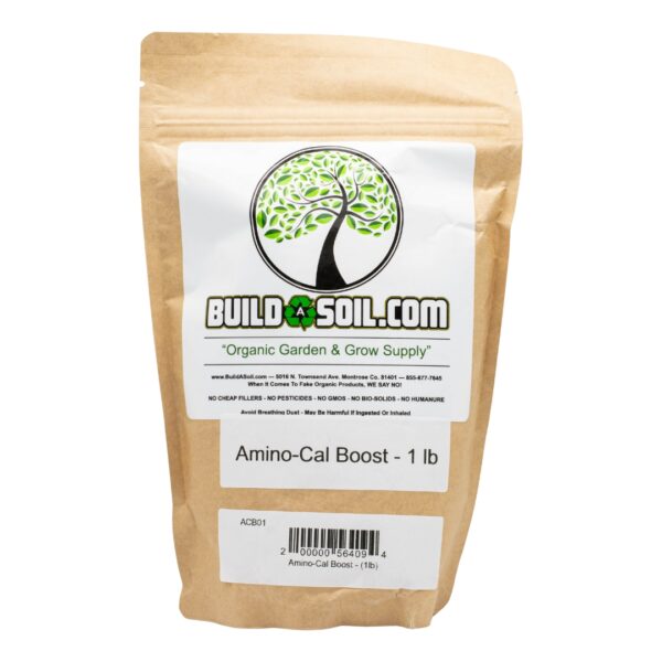 A bag of BuildASoil Amino-Cal Boost, on a white background.