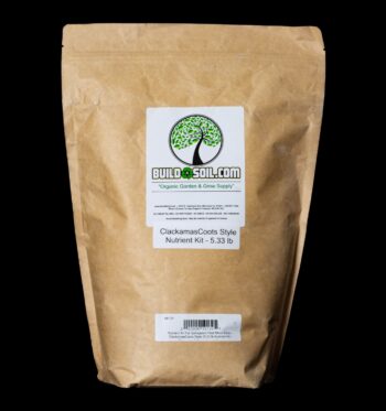 A bag of BuildASoil Clackamas Coots Nutrient kit, from the BuildASoil Complete Soil Building Kit, on a black background