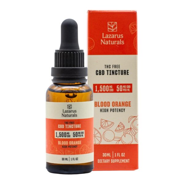 A tincture of Lazarus Naturals Blood Orange CBD Oil, next to its box, on a clear background