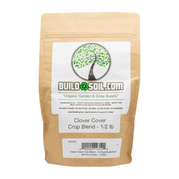 A bag of BuildASoil Cover Crop Blend, on a clear background