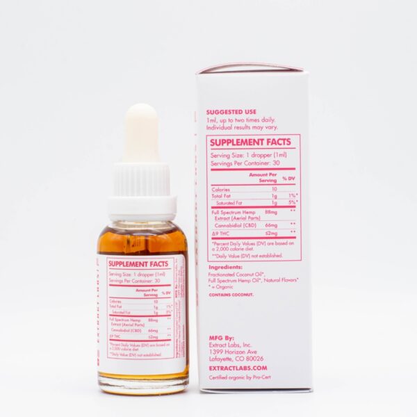 The backside of a tincture of Extract Labs Raspberry CBD Oil, next to its box, on a white background