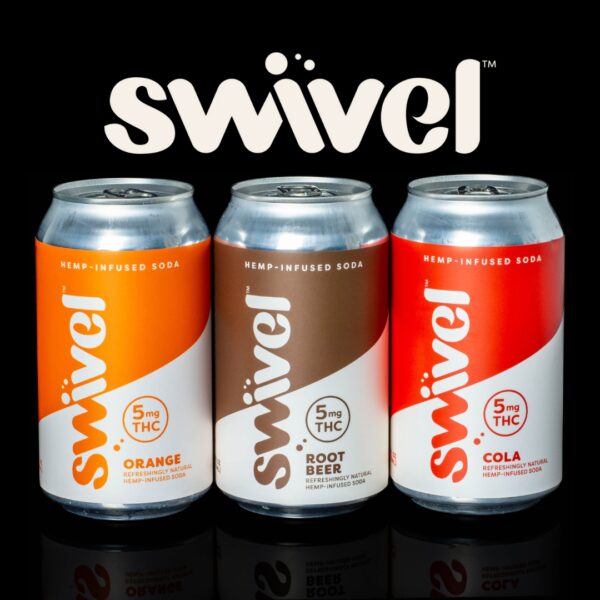 Three different flavors of Swivel Infused Sodas, on a black background