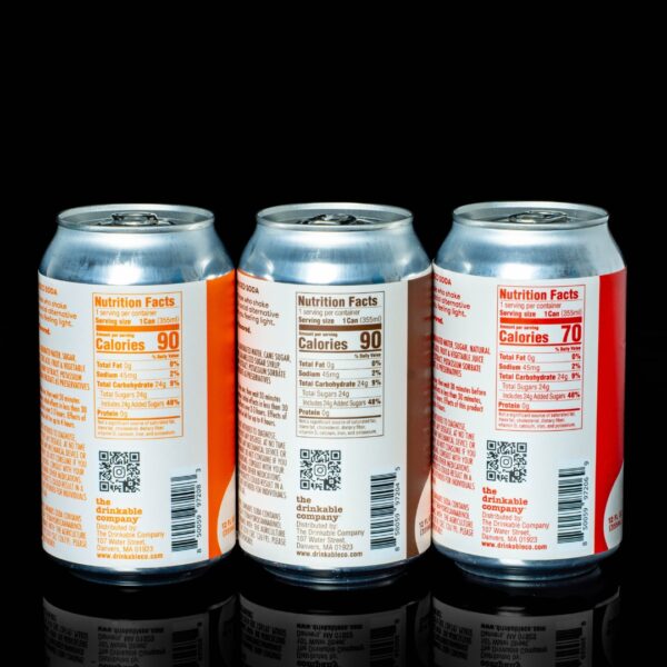 The backside of three different flavors of Swivel Infused Sodas, on a black background