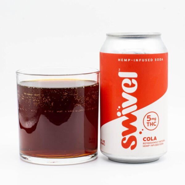 One can next to a clear glass of Cola Swivel Infused Sodas, on a white background