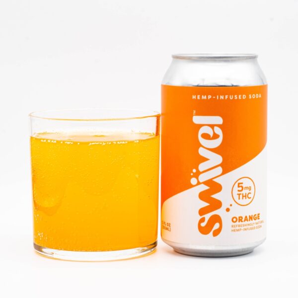 One can next to a clear glass of Orange Soda Swivel Infused Sodas, on a white background