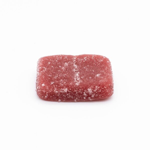 One single WYLD THC Raspberry Gummy, on a white background.