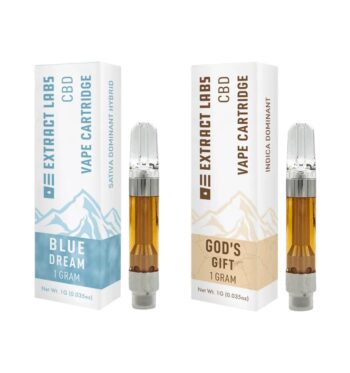 Two Extract Labs CBD Cartridges, Blue Dream and God's Gift, next to their boxes on a clear background.