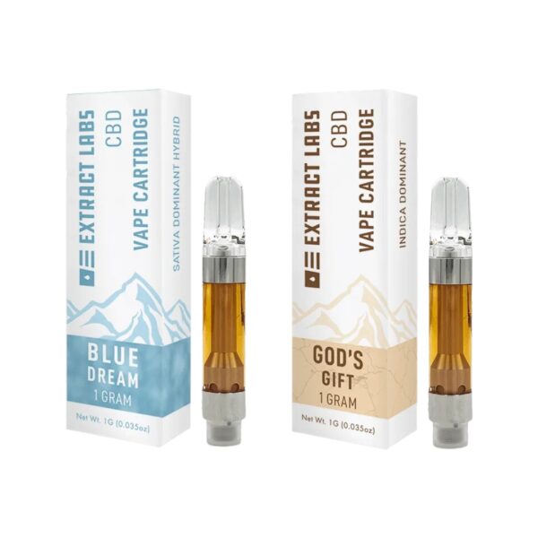 Two Extract Labs CBD Cartridges, Blue Dream and God's Gift, next to their boxes on a clear background.