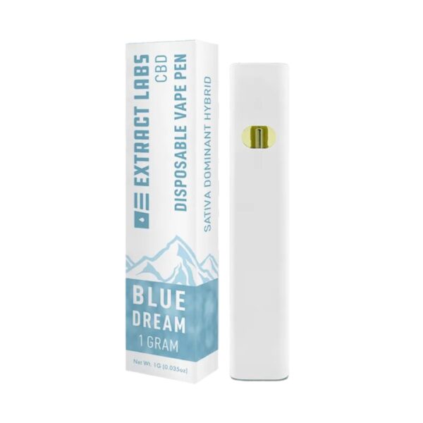 One Blue Dream Extract Labs CBD Disposable Pens box, next to the pen, on a clear background.