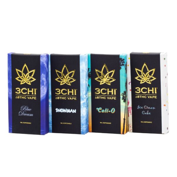 Four different terpene profiles of 3CHI D8 All-in-One Pens, one Blue Dream, one Snowman, one Cali-O, and one Ice Cream Cake, on a clear background