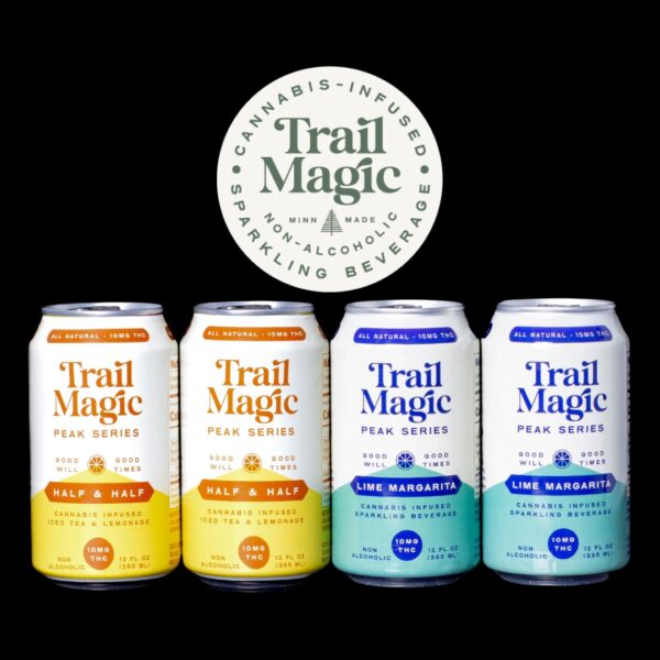 Two cans each of Half & Half and Lime Margarita flavored infused Trail Magic Peak Beverages, on a black background