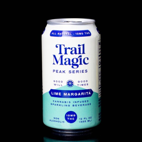 One can of Lime Margarita flavored Trail Magic Peak Beverages, on a black background.