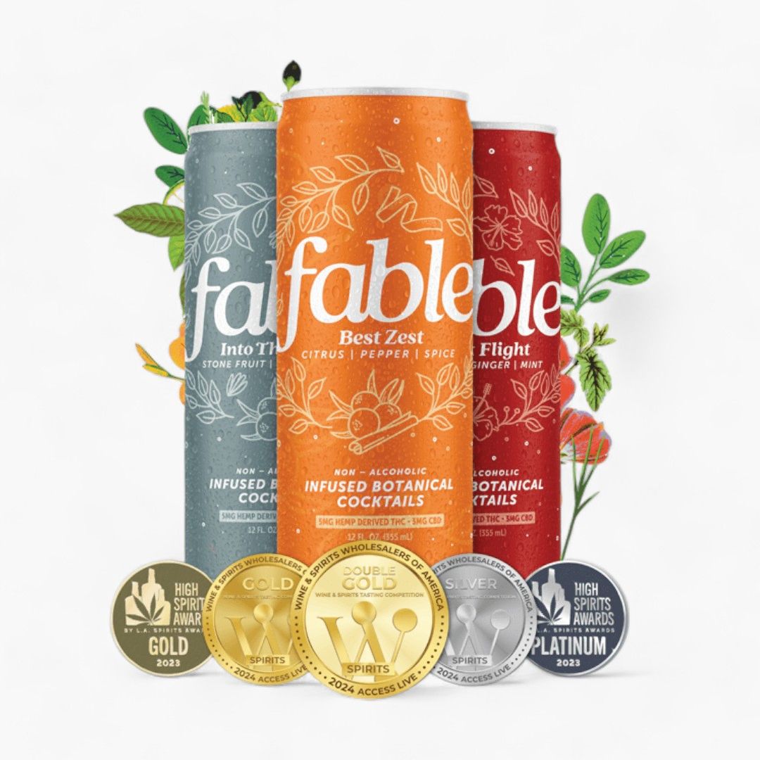 One each of Fable LIbations beverages next to award medals they received.