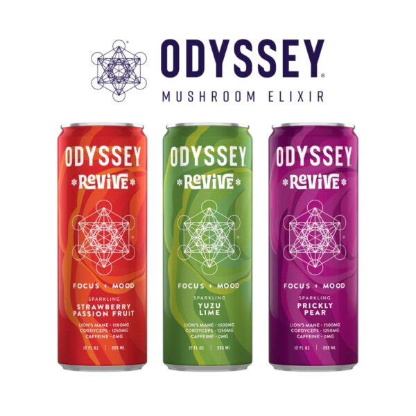 3 flavors of ODDYSSEY Revive Mushroom Elixir cans on a white background below the ODDYSSEY logo.