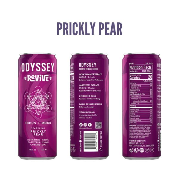 3 different angles of the ODDYSSEY PRICKLY PEAR elixIr that shows the front, side, and back of the label. All images are underneath the word, "PRICKLY PEAR"